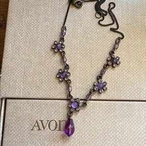 Avon Gothic Floral Necklace Antique Bronze Purple Teardrop NIB 168